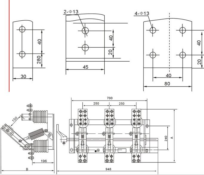 GN19-10戶內(nèi)高壓隔離開關的外形尺寸
